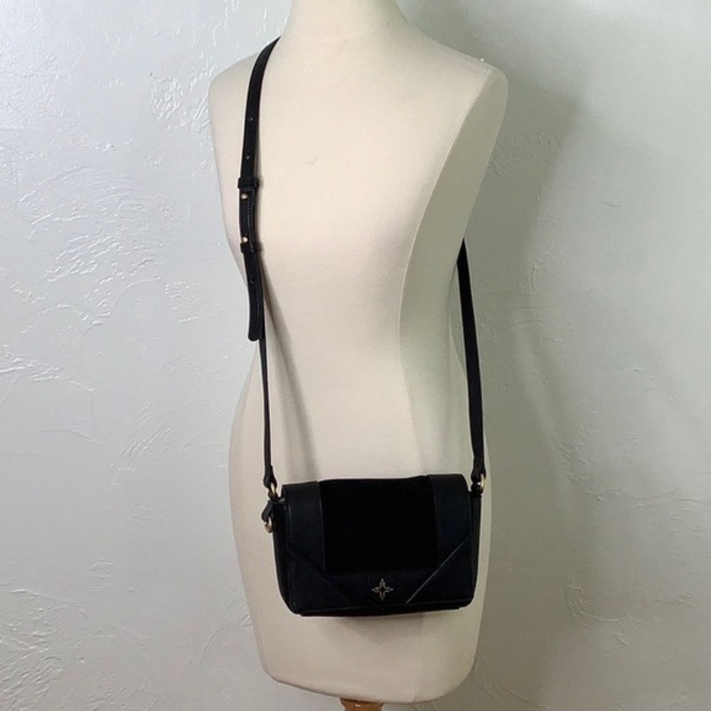 India Hicks Black suede/leather Dressage crossbody purse size 8X2.5X5 NWOT